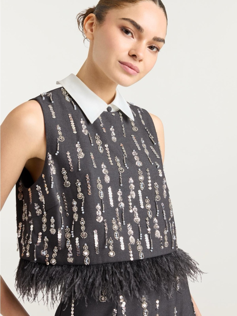 Cinq à Sept Selene Sequin Beaded Feather Trim Collared Top